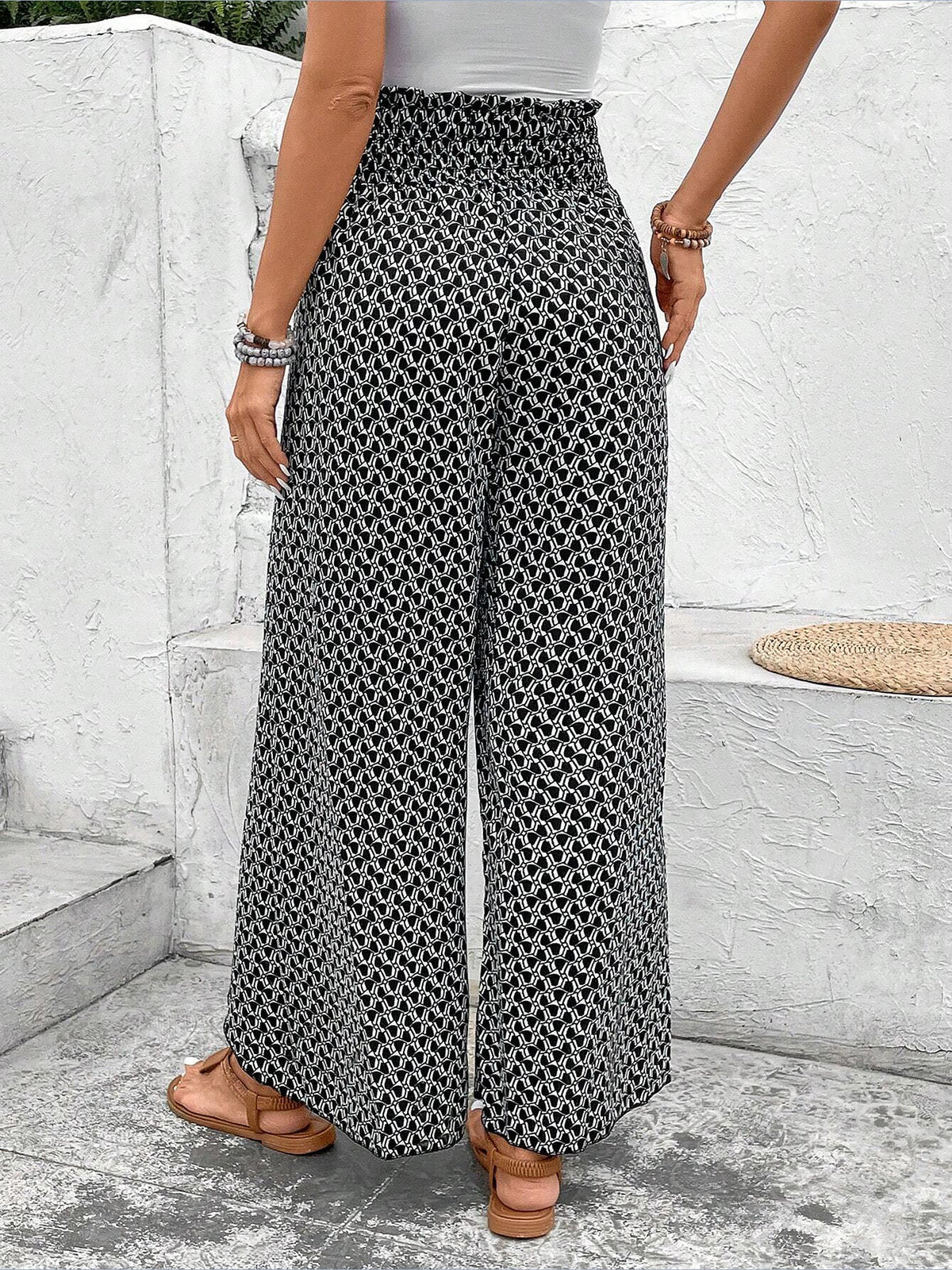 Versatile Ankle-Length Graphic Smocked Elastic Waist Wide Legs Pants