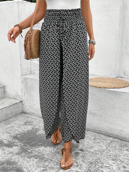 Versatile Ankle-Length Graphic Smocked Elastic Waist Wide Legs Pants