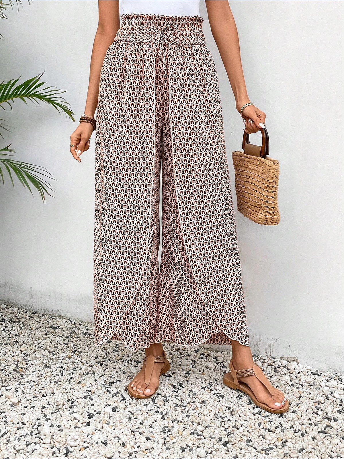 Versatile Ankle-Length Graphic Smocked Elastic Waist Wide Legs Pants