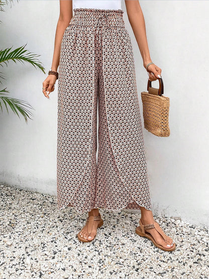Versatile Ankle-Length Graphic Smocked Elastic Waist Wide Legs Pants