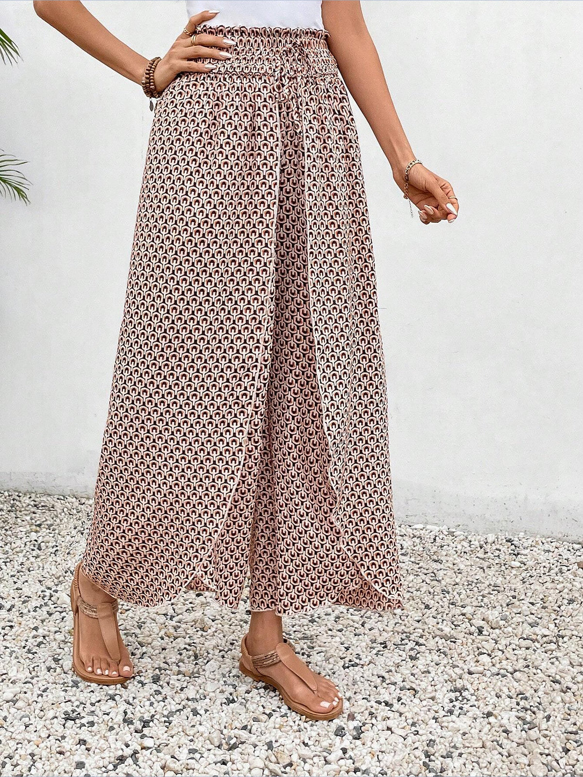 Versatile Ankle-Length Graphic Smocked Elastic Waist Wide Legs Pants