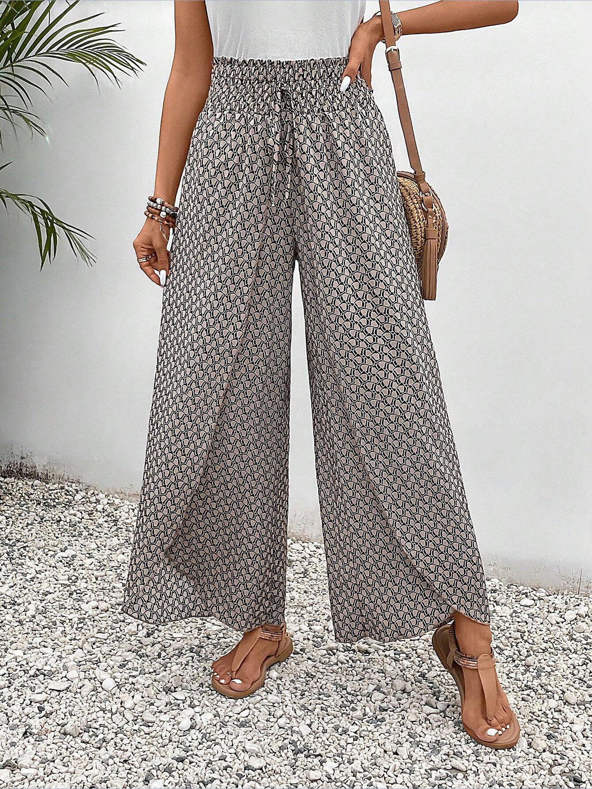 Versatile Ankle-Length Graphic Smocked Elastic Waist Wide Legs Pants