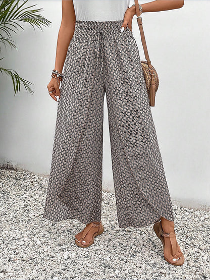 Versatile Ankle-Length Graphic Smocked Elastic Waist Wide Legs Pants