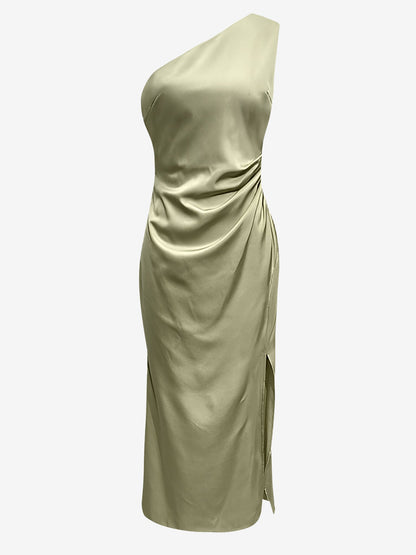 Luxurious Silky One Shoulder Sleeveless Slit Satin Maxi Dress for Weddings and Parties
