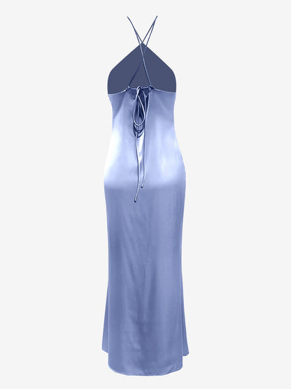 Satin Halter Sleeveless Backless Wedding Maxi Dress