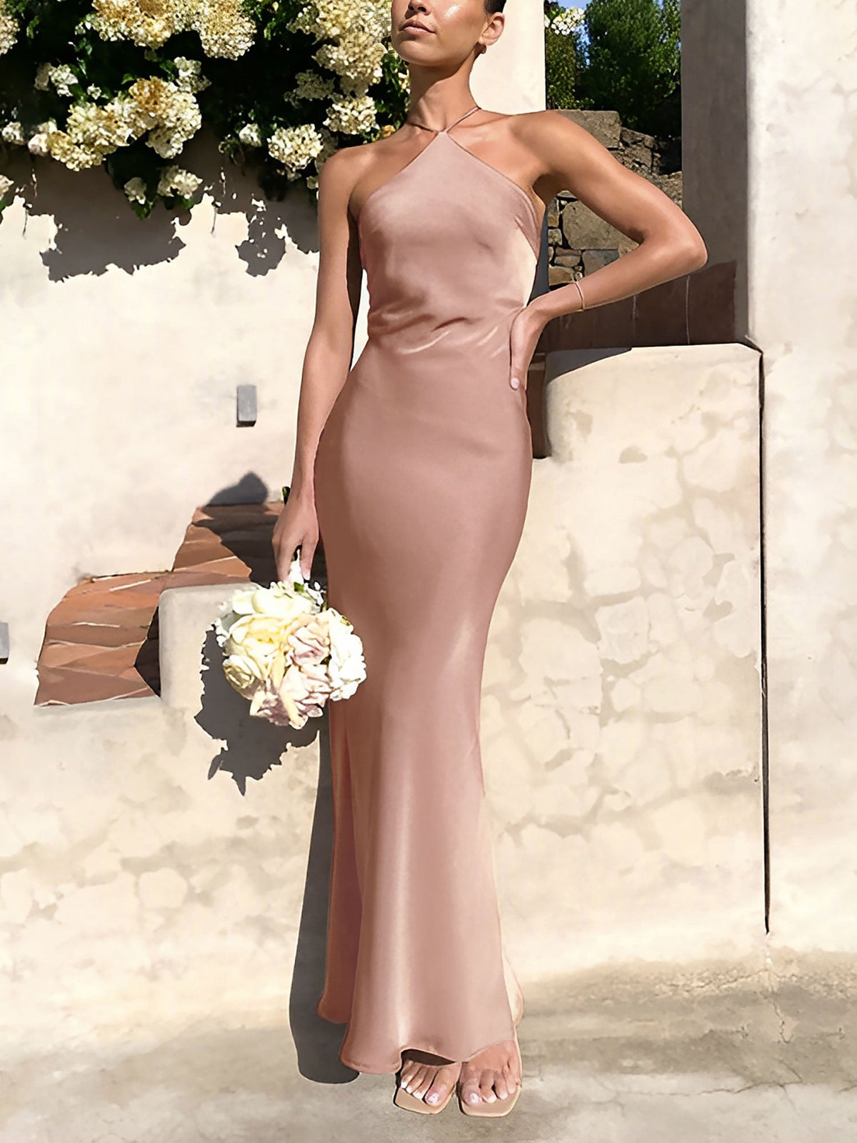 Satin Halter Sleeveless Backless Wedding Maxi Dress