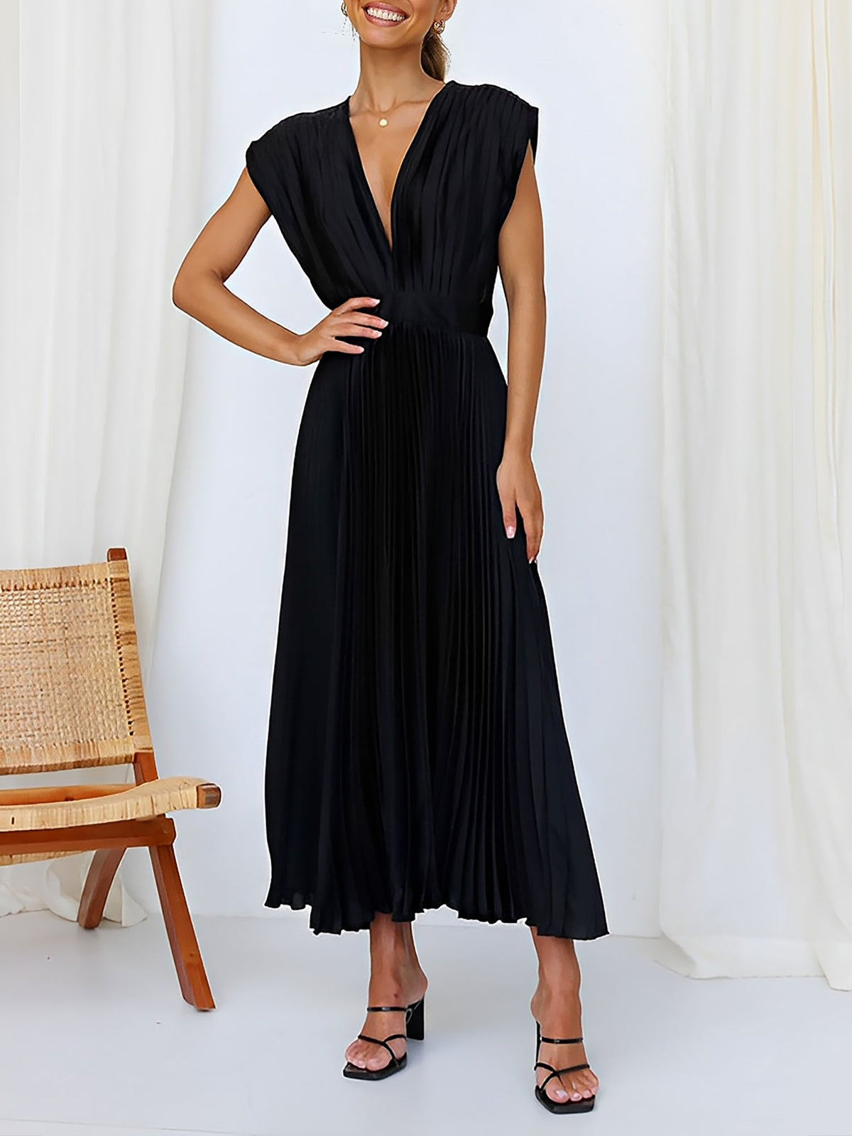 Elegant Deep V Neck Cap Sleeves Luxe Satin Pleated Midi Office Dress