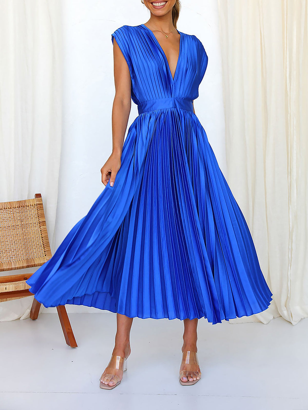 Elegant Deep V Neck Cap Sleeves Luxe Satin Pleated Midi Office Dress