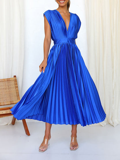 Elegant Deep V Neck Cap Sleeves Luxe Satin Pleated Midi Office Dress