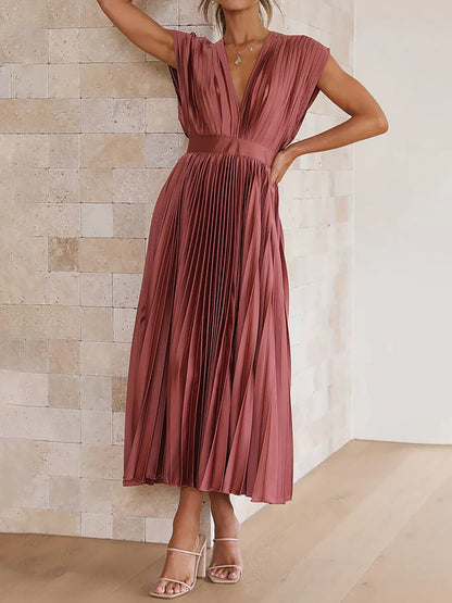 Elegant Deep V Neck Cap Sleeves Luxe Satin Pleated Midi Office Dress