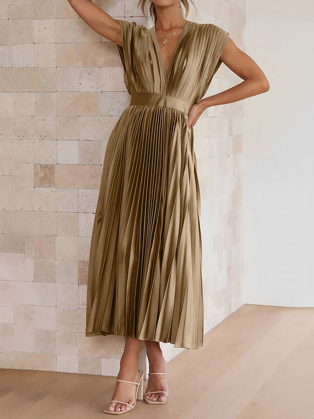 Elegant Deep V Neck Cap Sleeves Luxe Satin Pleated Midi Office Dress