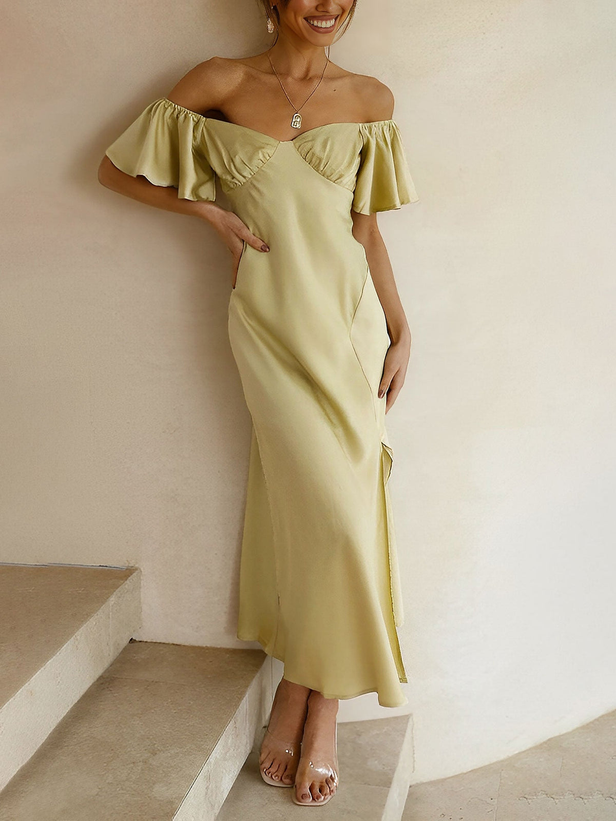 Ruffled Off Shoulder Slit Satin Midi Wedding Dress