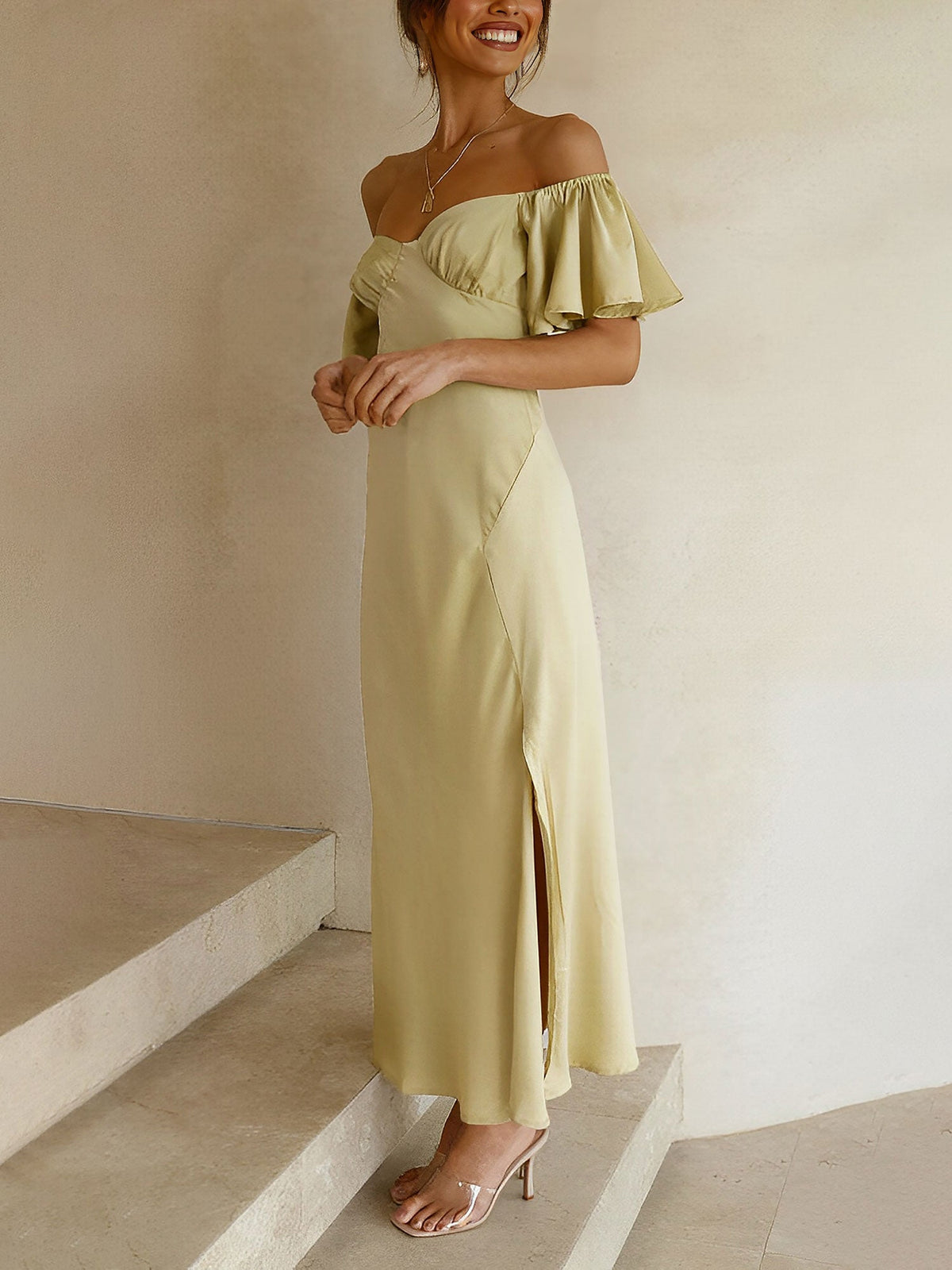 Ruffled Off Shoulder Slit Satin Midi Wedding Dress