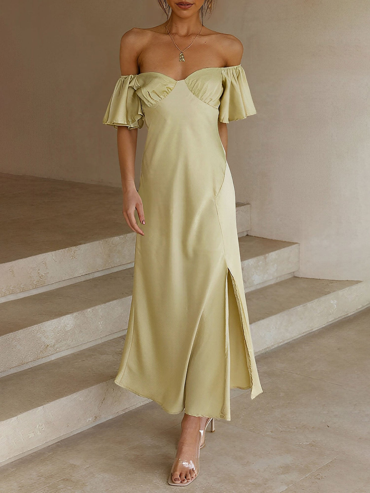 Ruffled Off Shoulder Slit Satin Midi Wedding Dress