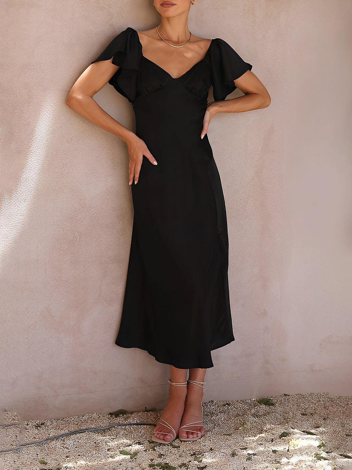 Ruffled Off Shoulder Slit Satin Midi Wedding Dress