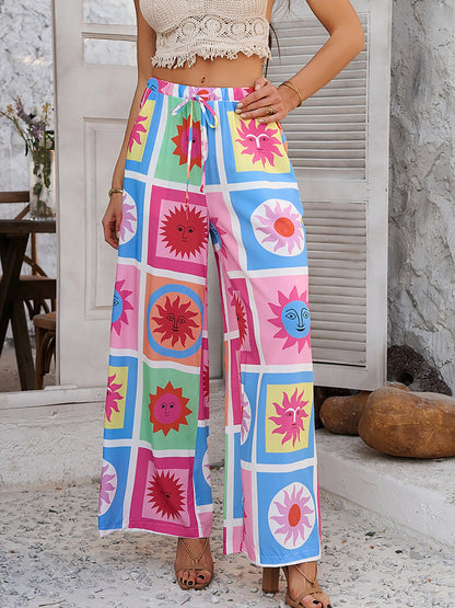 Casual Streetwear with Graphic Printed Elastic Waist Wide Relaxed Fit Leg Pants