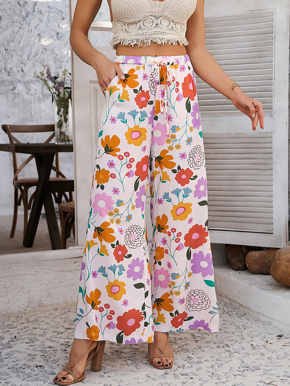 Casual Streetwear with Graphic Printed Elastic Waist Wide Relaxed Fit Leg Pants