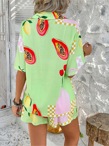 2 Pieces Graphic Printed Short Sleeves Shirt & Shorts Beach Set