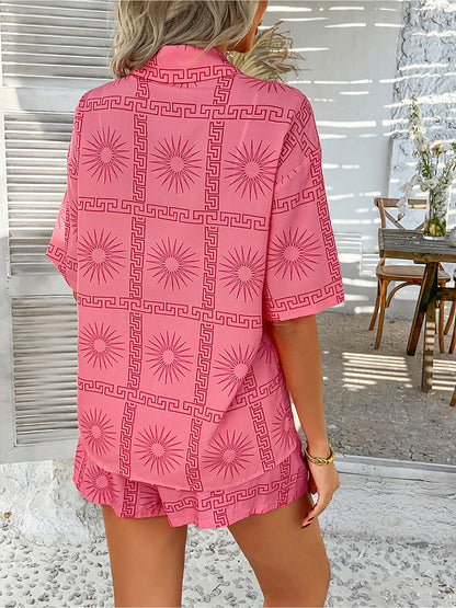 2 Pieces Graphic Printed Short Sleeves Shirt & Shorts Beach Set