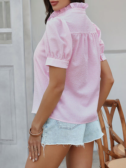 Striped Ruffled Mock Neck Puff Short Sleeves Blouse