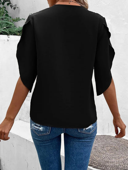 V Neck Lace Trim Trumpet Sleeve Loose Fit Blouse