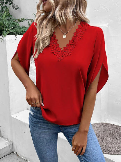V Neck Lace Trim Trumpet Sleeve Loose Fit Blouse