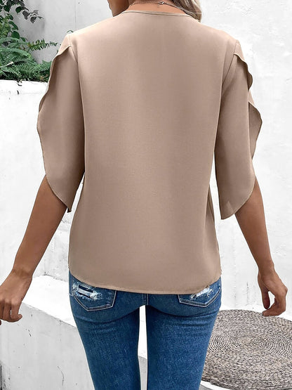V Neck Lace Trim Trumpet Sleeve Loose Fit Blouse