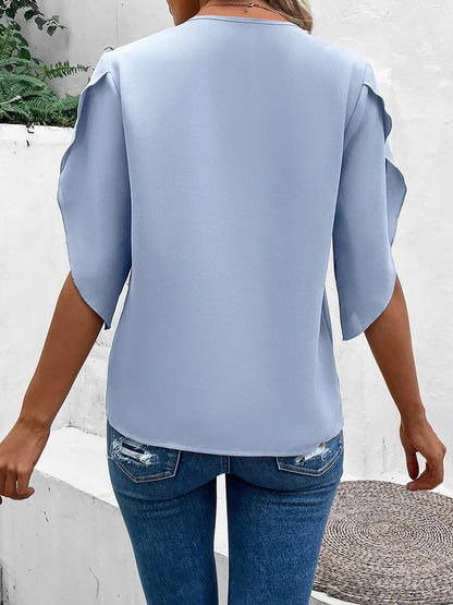 V Neck Lace Trim Trumpet Sleeve Loose Fit Blouse