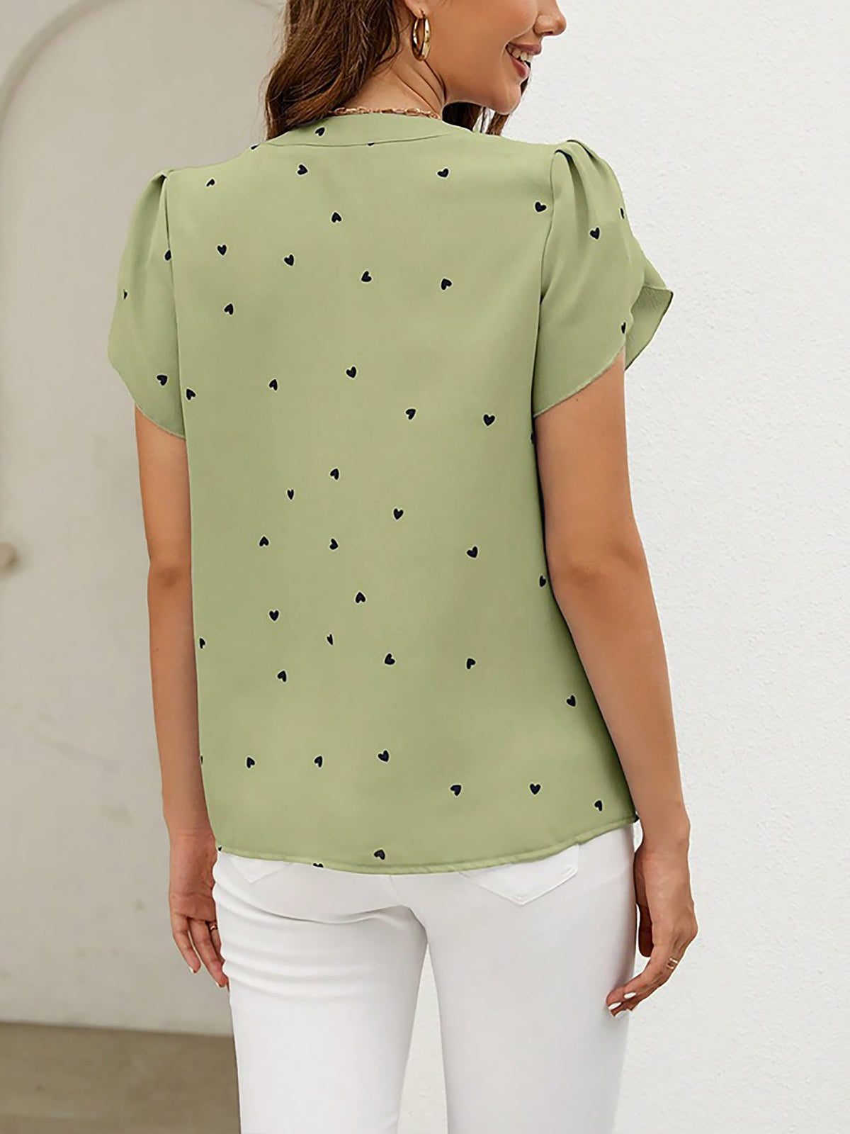 Notch Neck Heart Print Short Sleeves Blouse