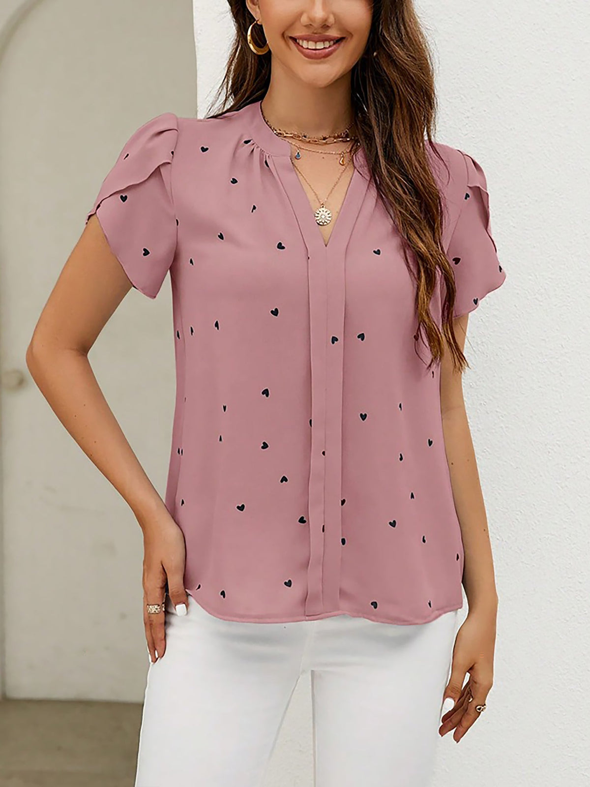 Notch Neck Heart Print Short Sleeves Blouse