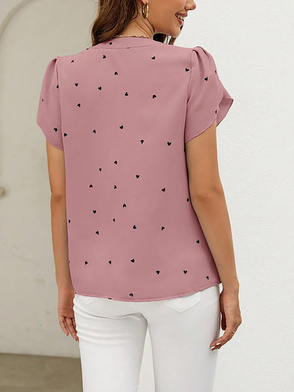 Notch Neck Heart Print Short Sleeves Blouse