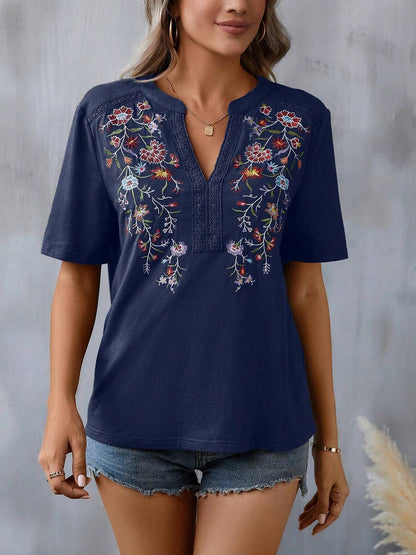 Embroidery Notch Neck Short Sleeves Casual Blouse