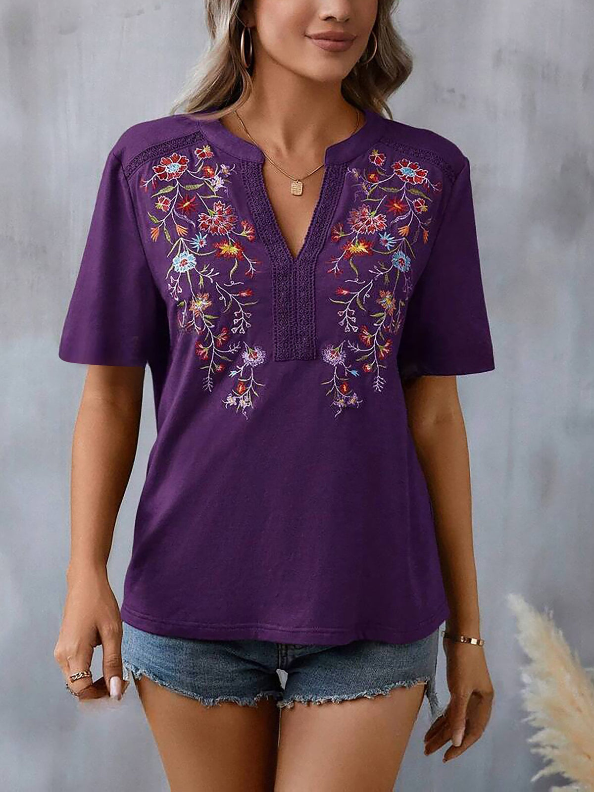 Embroidery Notch Neck Short Sleeves Casual Blouse