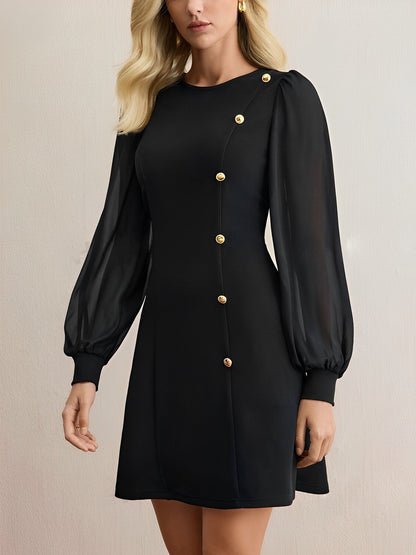 Classic Round Neck with Timeless Button Front Long Sleeve A-Line Casual Dress