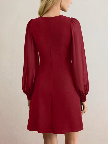 Classic Round Neck with Timeless Button Front Long Sleeve A-Line Casual Dress