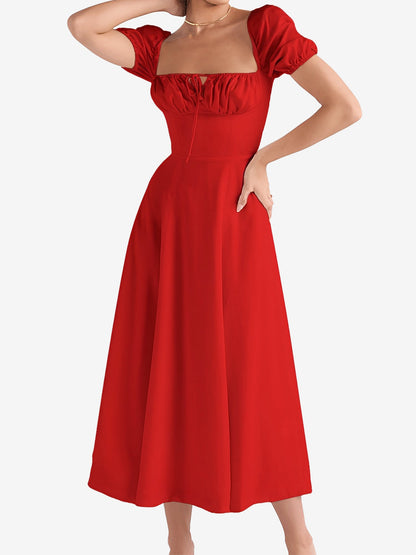 Flattering A-Line Silhouette with Asymmetrical Ruches Puff Sleeve Solid Color Ruched Midi A-Line Date Nights & Garden Parties Dress