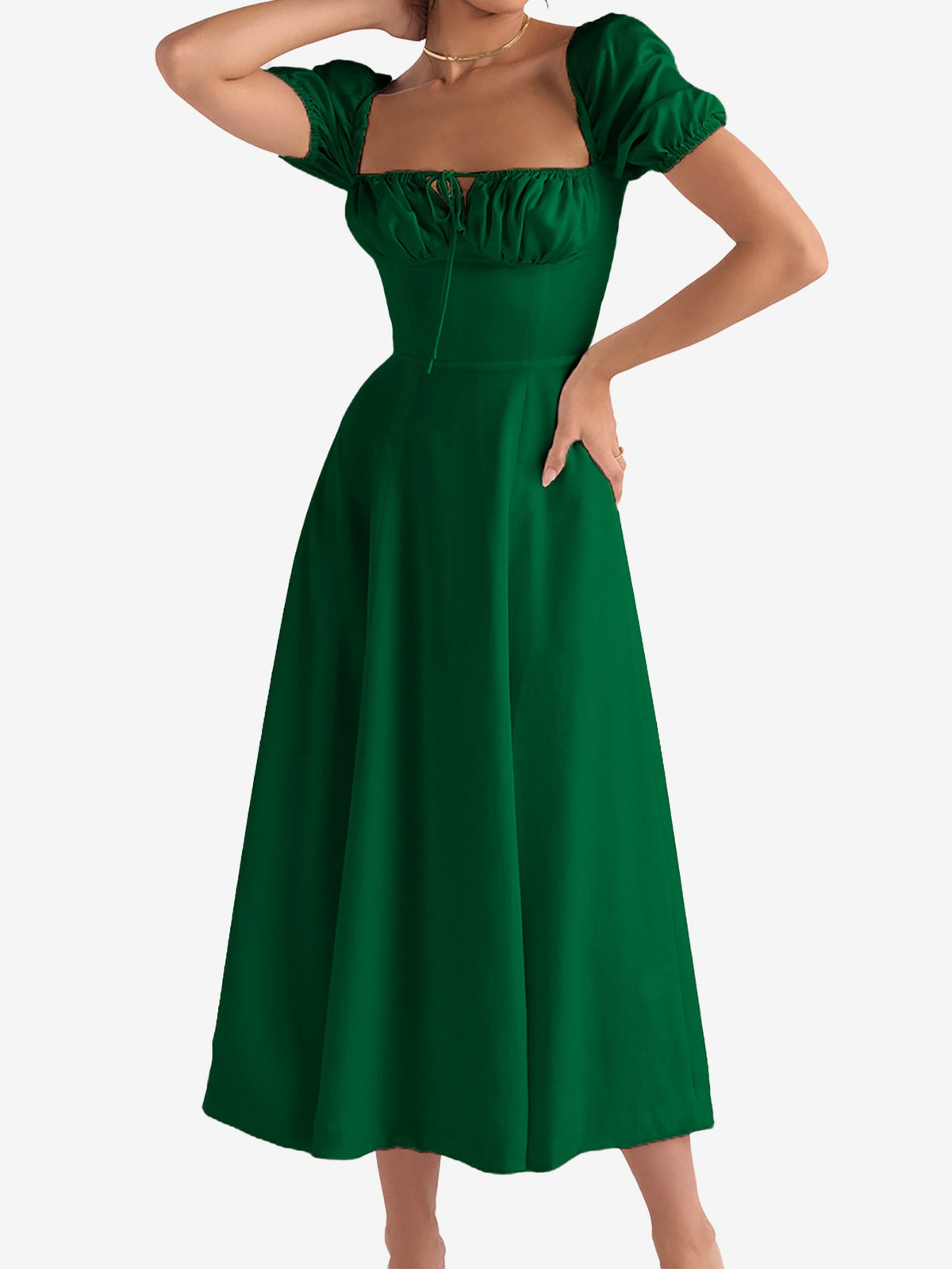 Flattering A-Line Silhouette with Asymmetrical Ruches Puff Sleeve Solid Color Ruched Midi A-Line Date Nights & Garden Parties Dress