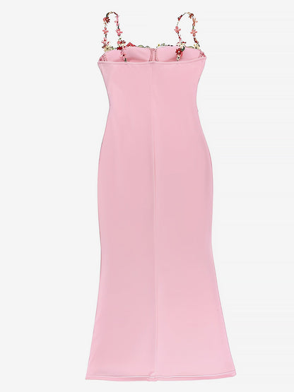 Floral Embroidery & Adjustable Straps Lace-up Bodycon Maxi Evening Party Dress