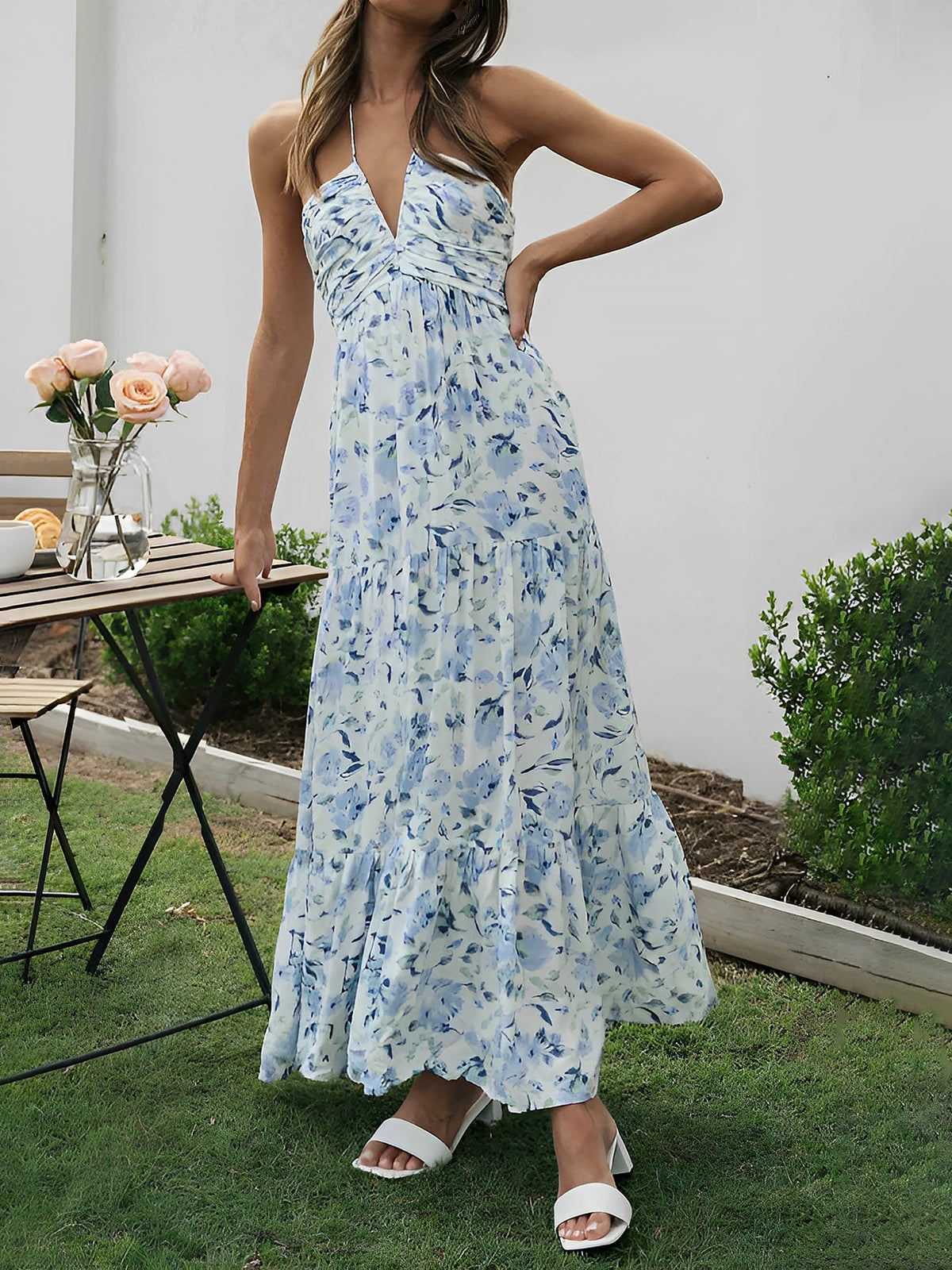 Halter Neck Backless Ruched Tiered Maxi Dress