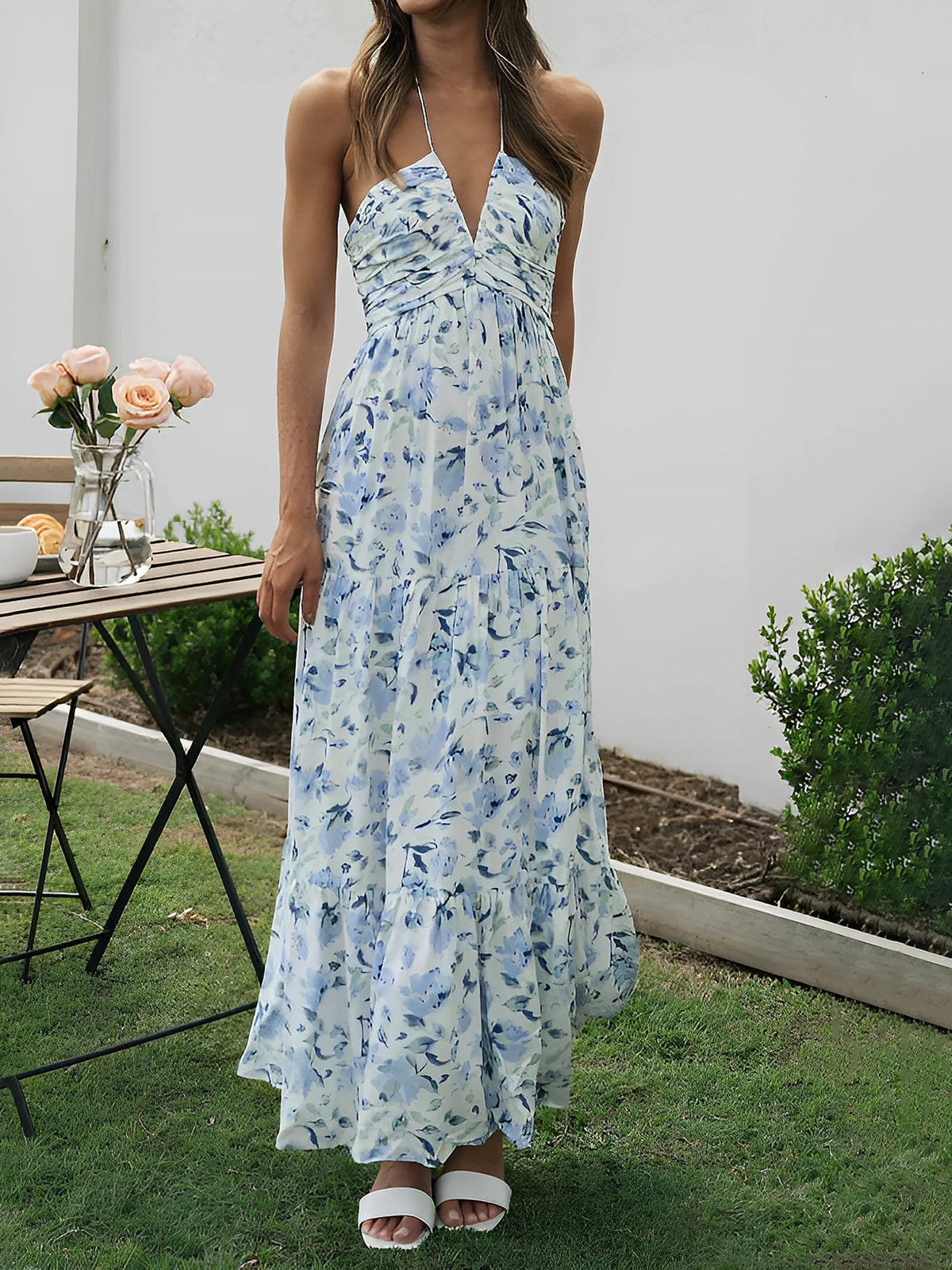 Halter Neck Backless Ruched Tiered Maxi Dress
