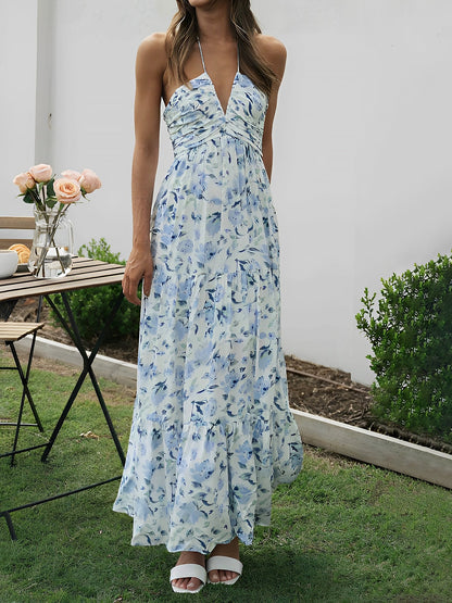 Halter Neck Backless Ruched Tiered Maxi Dress