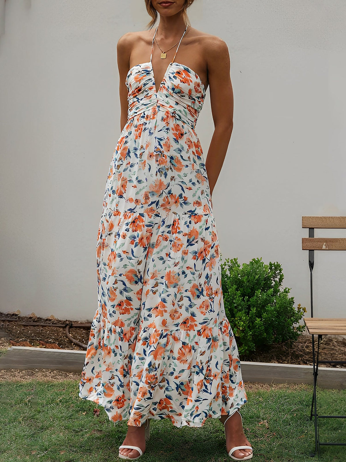 Halter Neck Backless Ruched Tiered Maxi Dress