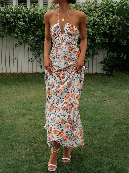 Halter Neck Backless Ruched Tiered Maxi Dress