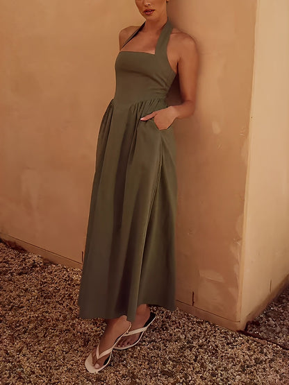 Halter Neck Backless Pocketed A-Line Midi Dress