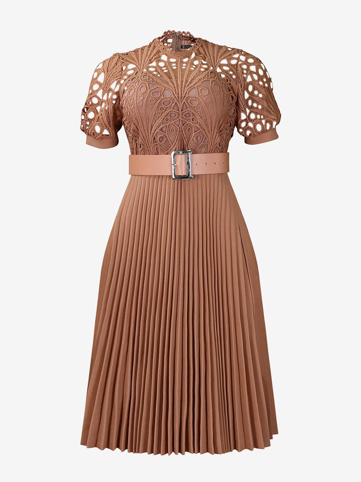 Elegant Vintage-Inspired Lace Patchwork Belted Pleated Midi Dress