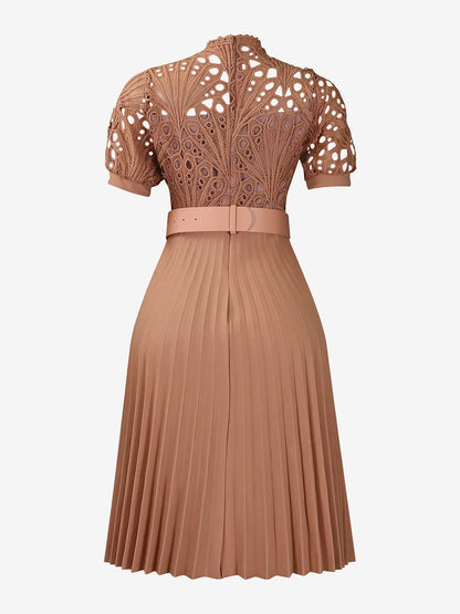 Elegant Vintage-Inspired Lace Patchwork Belted Pleated Midi Dress