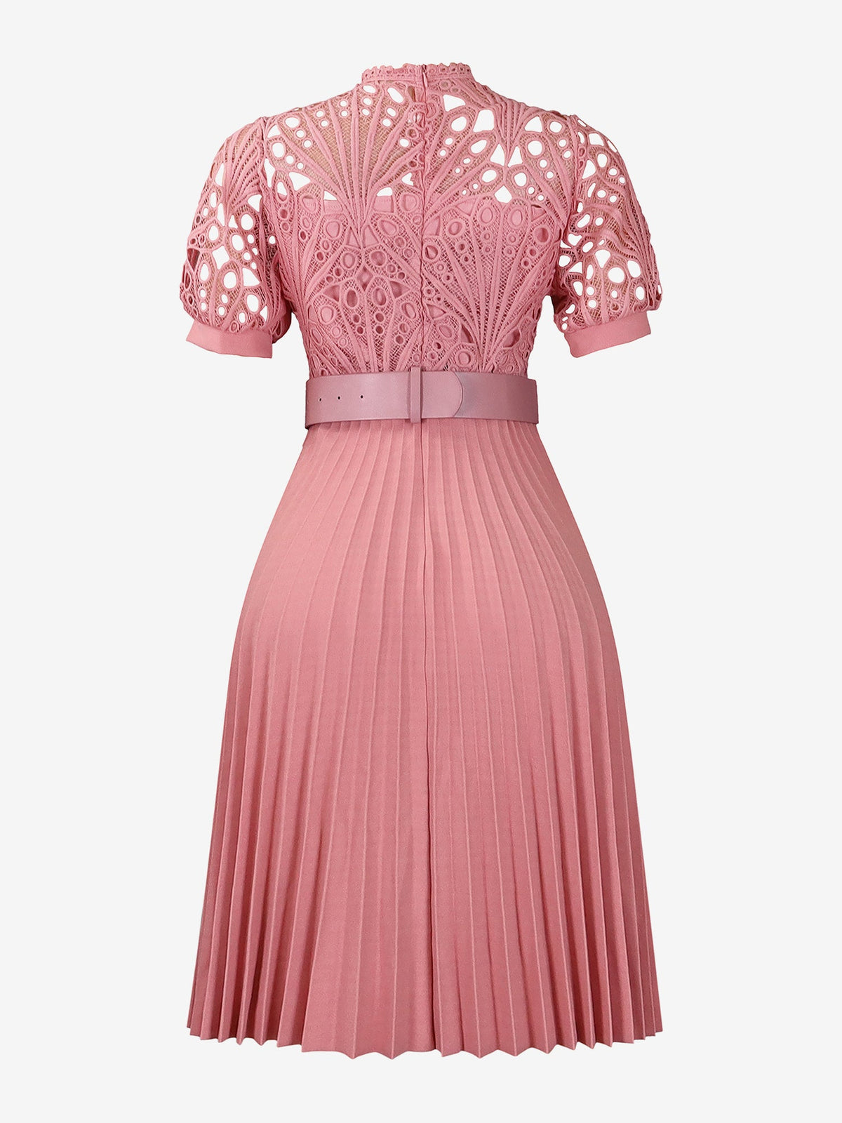 Elegant Vintage-Inspired Lace Patchwork Belted Pleated Midi Dress