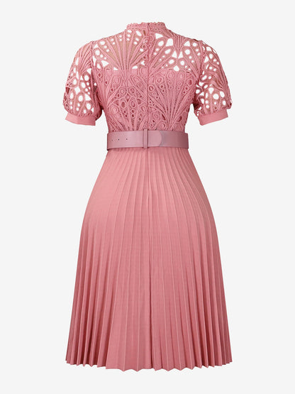 Elegant Vintage-Inspired Lace Patchwork Belted Pleated Midi Dress