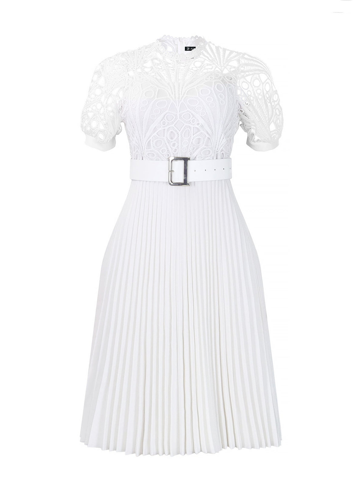 Elegant Vintage-Inspired Lace Patchwork Belted Pleated Midi Dress