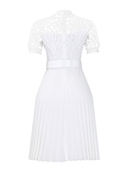Elegant Vintage-Inspired Lace Patchwork Belted Pleated Midi Dress